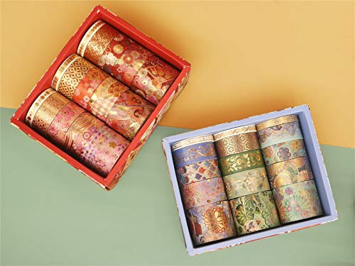 AEBORN Arany Fólia Washi Tape - 15 Rolls Vintage Japán Washi Tape, Széles, Szép Virágok Washi Szalaggal, Tökéletes Golyó