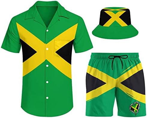 Fattyeery Jamaica Zászló Férfi Ing, Rövidnadrág Szett Nyári 2 Db Gomb Le Strand Ruha Vödör Kalapot S