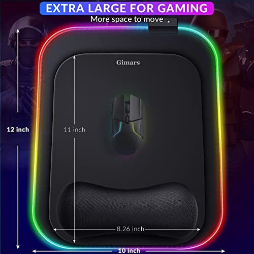 Gimars RGB Egér Pad csuklótámasz Támogatás,12 x 10 inch Extra Nagy Ergonomikus Gaming Mouse Pad 11 LED-es Világítási Módok,Csúszásmentes