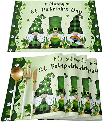 Boldog St. Patrick tányéralátétek, az ebédlőben terített Asztal 4 Elbűvölte a Gnome Szerencsés Shamrock Elf Lóhere Csipke