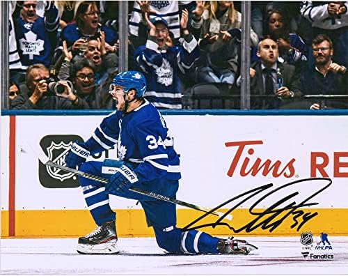 Auston Matthews Toronto Maple Leafs Dedikált 8 x 10 Kék Mez Cél Ünnep Fénykép - Dedikált NHL-Fotók