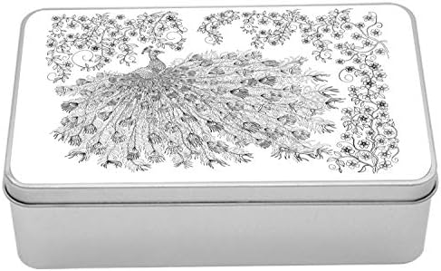 Ambesonne Páva Fém Doboz, Uncolored Design Vázlat Kép Virágzó, Virágos Fa, Ágak, valamint a Madár, Többcélú Négyszögletes