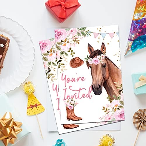 Virágos Ló Szülinapi Meghívókat a Borítékok Készlet 20 Lány Nyeregbe Akvarell Cowgirl Ló Pályázati Felkéri Töltse ki az Üres