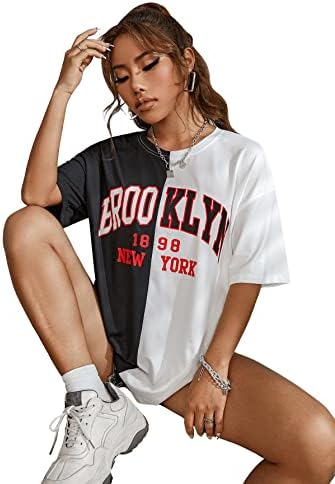 SOLY HUX Női Nagyméretű Grafikus Póló Brooklyn Levél Rövid Ujjú Tshirt Póló Felső