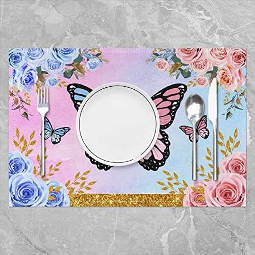 Rózsaszín Kék Pillangó Placemats 12 x 18 Inch Színes Élővilág Virágzó Rózsa, tányéralátétek, a Gyerekek, Tinik, Felnőttek