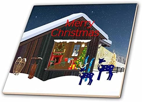 3dRose Kép Boldog Karácsonyt Szavak Ski Lodge Kék Rénszarvas - Csempe (ct_350184_1)