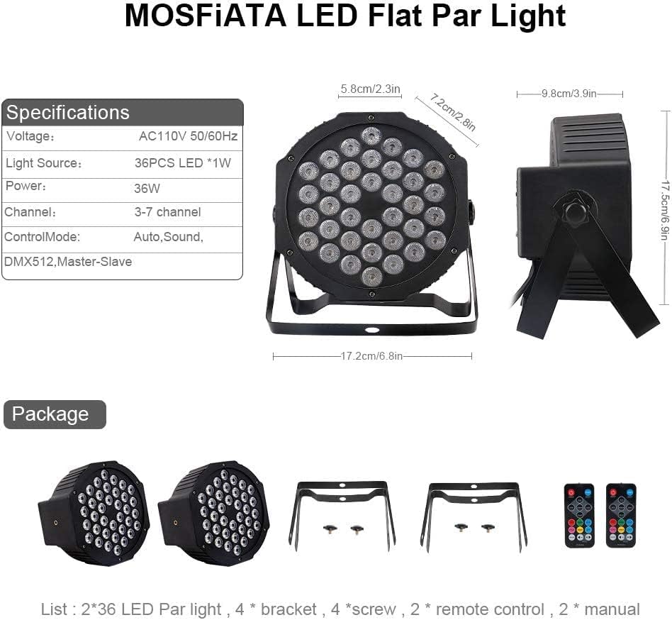 MOSFiATA Par Lámpák 2 Csomag, RGB 36 LED Színpad Fények, Hang Aktivált DMX Vezérlő, 7 Módok Uplighting Világítás Távirányítóval