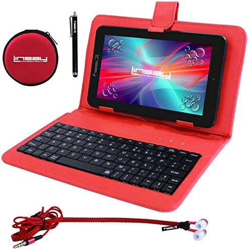 LINSAY 7 2 GB RAM, 32 gb-os Android 12 Tabletta Szuper Csomag Piros Billentyűzet, Fülhallgató, illetve Tollal