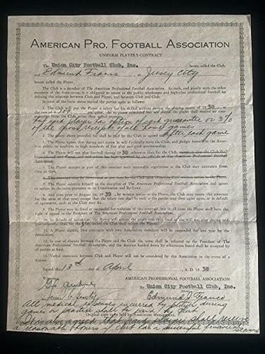 1938-Amerikai Profi Labdarúgó Szövetség által ALÁÍRT Szerződés Ed Franco - NFL-Vágott Aláírás