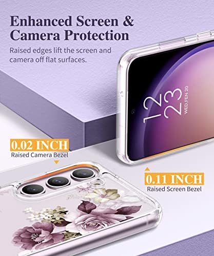 GVIEWIN Esetben Kompatibilis a Samsung Galaxy S23 Esetében, képernyővédő fólia + Kamera Lencséjét Védő Virágos Ütésálló Tiszta,